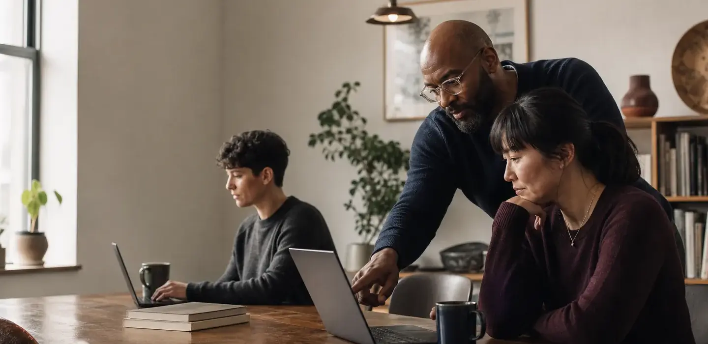 Illustrative scene of an IT professional helping an employee while a colleague works nearby