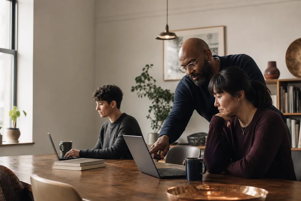 Illustrative scene of an IT professional helping an employee while a colleague works nearby